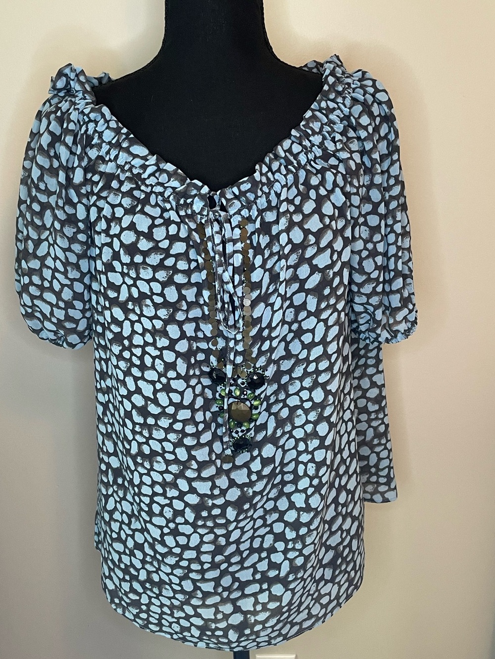 Moda International Light Blue and Charcoal Printed Peasant Blouse